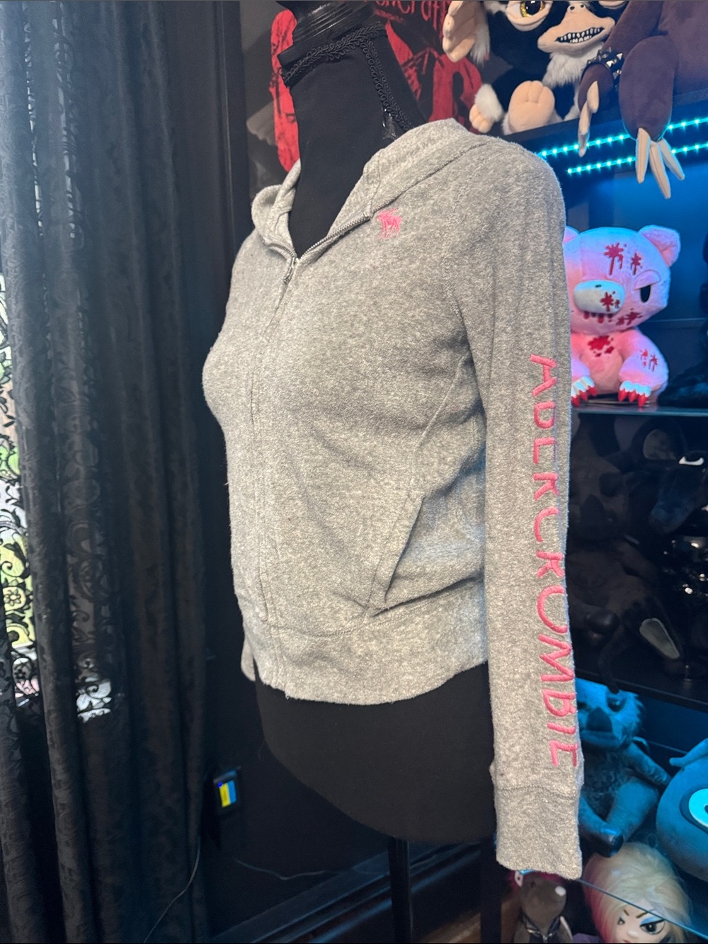 abercrombie kids Gray Zip Hoodie with Pink Logo & Sleeve Text